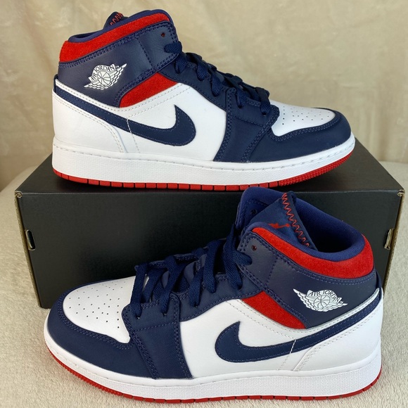 red and blue jordan 1 mid